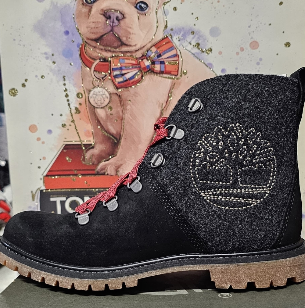 Timberland Black and Tan Boots with Red Accents